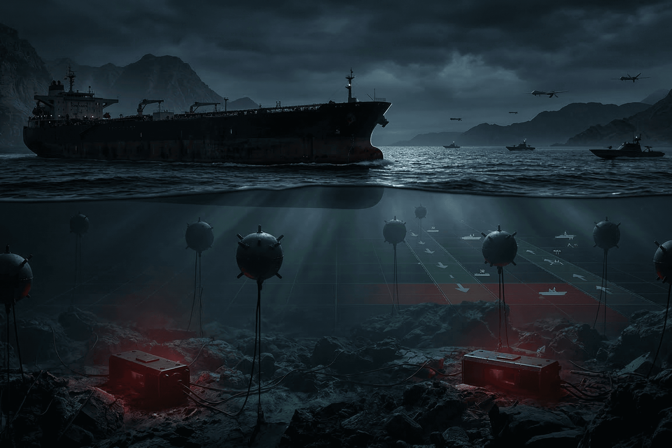 Mapa técnico do Estreito de Ormuz destacando mísseis A2/AD e a interdição de fluxos energéticos.